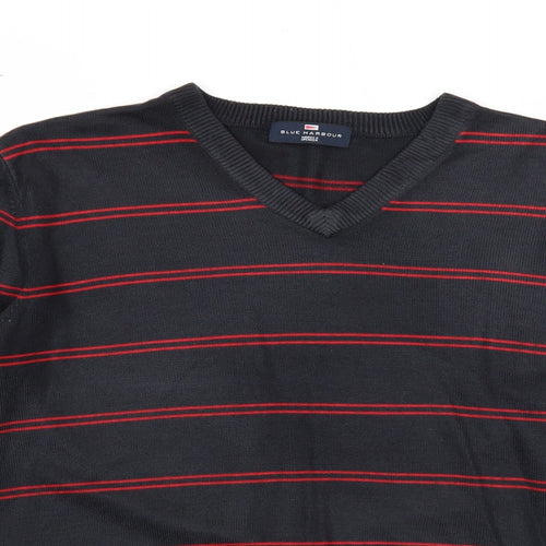 Marks and Spencer Mens Black V-Neck Striped Acrylic Pullover Jumper Size M Long Sleeve
