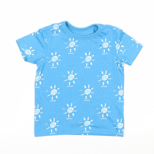Preworn Boys Blue Geometric Polyester Basic T-Shirt Size 4-5 Years Round Neck Pullover - Sun Happy