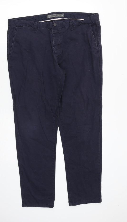 Primark Mens Blue Cotton Chino Trousers Size 38 in Regular Button