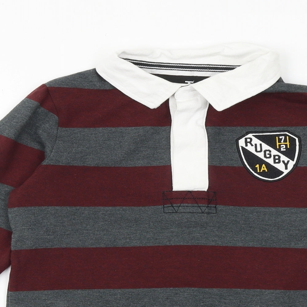TU Boys Grey Striped Cotton Basic Polo Size 10 Years Collared Button - Rugby