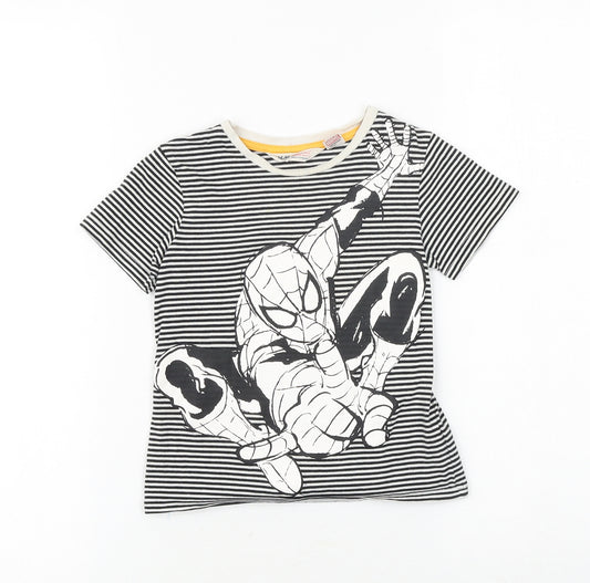 H&M Boys Black Striped Cotton Basic T-Shirt Size 3-4 Years Round Neck Pullover - Spider Man