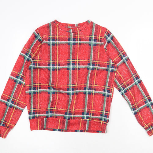 Matalan Girls Red Plaid Polyester Basic T-Shirt Size 12 Years Round Neck Pullover