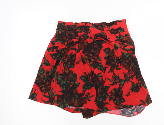 Zara Womens Red Floral Viscose Bermuda Shorts Size S Regular Pull On