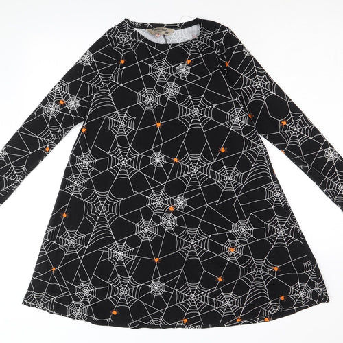 Poetic Soul Girls Black Geometric Polyester A-Line Size 11-12 Years Round Neck Pullover - Spider Web Halloween