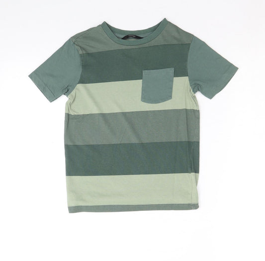 George Boys Green Striped 100% Cotton Basic T-Shirt Size 6 Years Round Neck Pullover