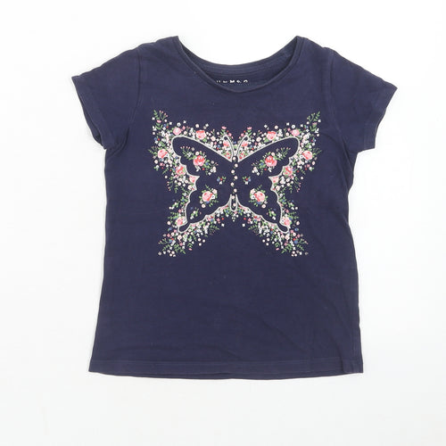 Nutmeg Girls Blue Cotton Basic T-Shirt Size 5-6 Years Round Neck Pullover - Butterfly with Flowers