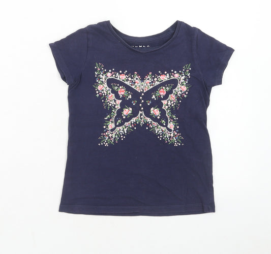 Nutmeg Girls Blue Cotton Basic T-Shirt Size 5-6 Years Round Neck Pullover - Butterfly with Flowers