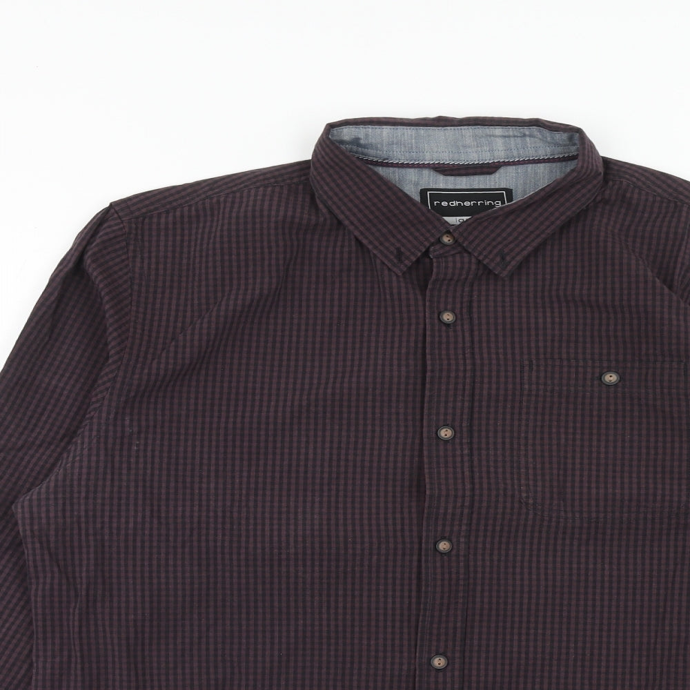 Red Herring Mens Purple Check Cotton Button-Up Size L Collared Button