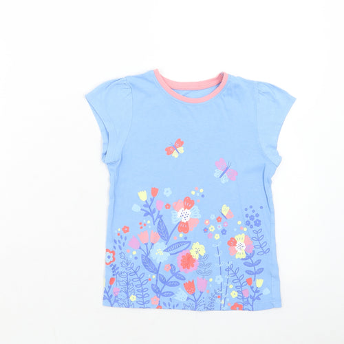 George Girls Blue Geometric Cotton Basic T-Shirt Size 5-6 Years Round Neck Pullover - Flowers and Butterflies