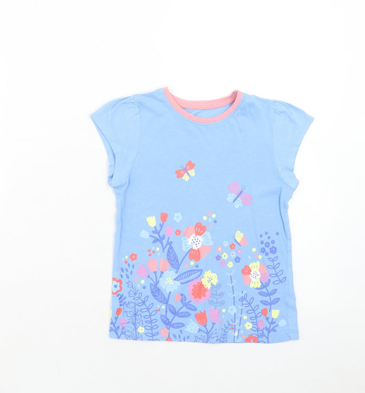 George Girls Blue Geometric Cotton Basic T-Shirt Size 5-6 Years Round Neck Pullover - Flowers and Butterflies