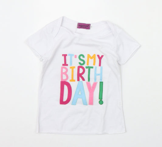 Preworn Girls White Cotton Basic T-Shirt Size 7-8 Years Boat Neck Pullover - It's My Birthday