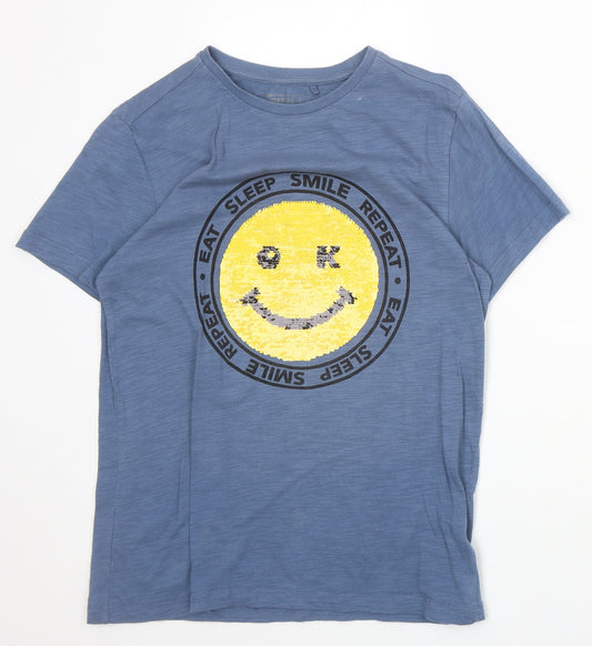 NEXT Boys Blue 100% Cotton Basic T-Shirt Size 12 Years Round Neck Pullover - Eat Sleep Smile Repeat
