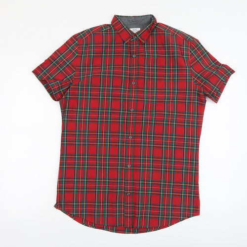 NEXT Mens Red Plaid Cotton Button-Up Size M Collared Button