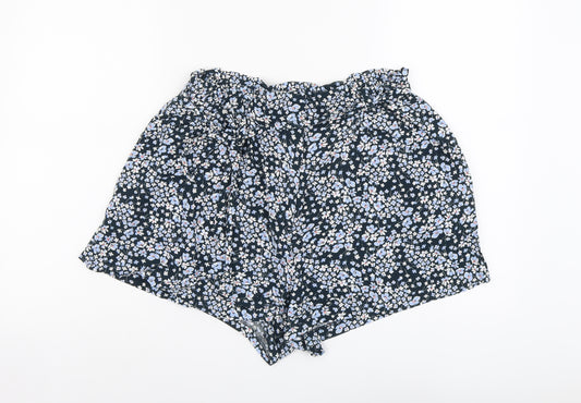 H&M Womens Blue Floral Viscose Boyfriend Shorts Size 12 L3 in Regular Button