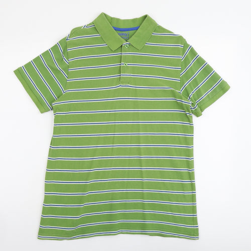 Easy Mens Green Striped Cotton Polo Size L Collared Button