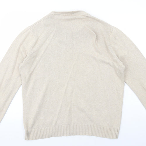 Easy Mens Beige V-Neck Herringbone Cotton Pullover Jumper Size L Long Sleeve