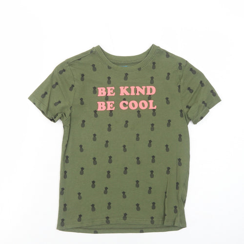 Primark Girls Green Geometric Cotton Basic T-Shirt Size 6-7 Years Round Neck Pullover - Be Kind Be Cool Pineapple