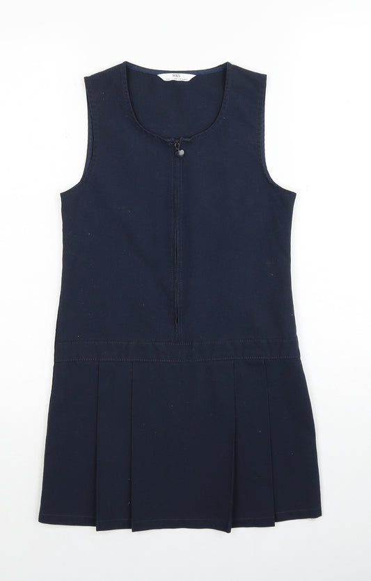 Marks and Spencer Girls Blue Polyester Pinafore/Dungaree Dress Size 7-8 Years Scoop Neck Zip