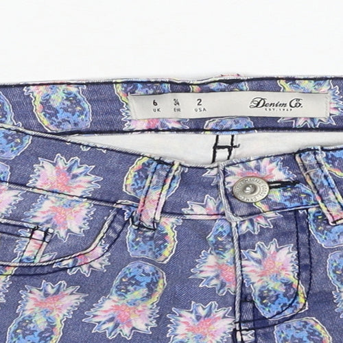 Denim & Co. Womens Blue Geometric Cotton Hot Pants Shorts Size 6 Regular Zip