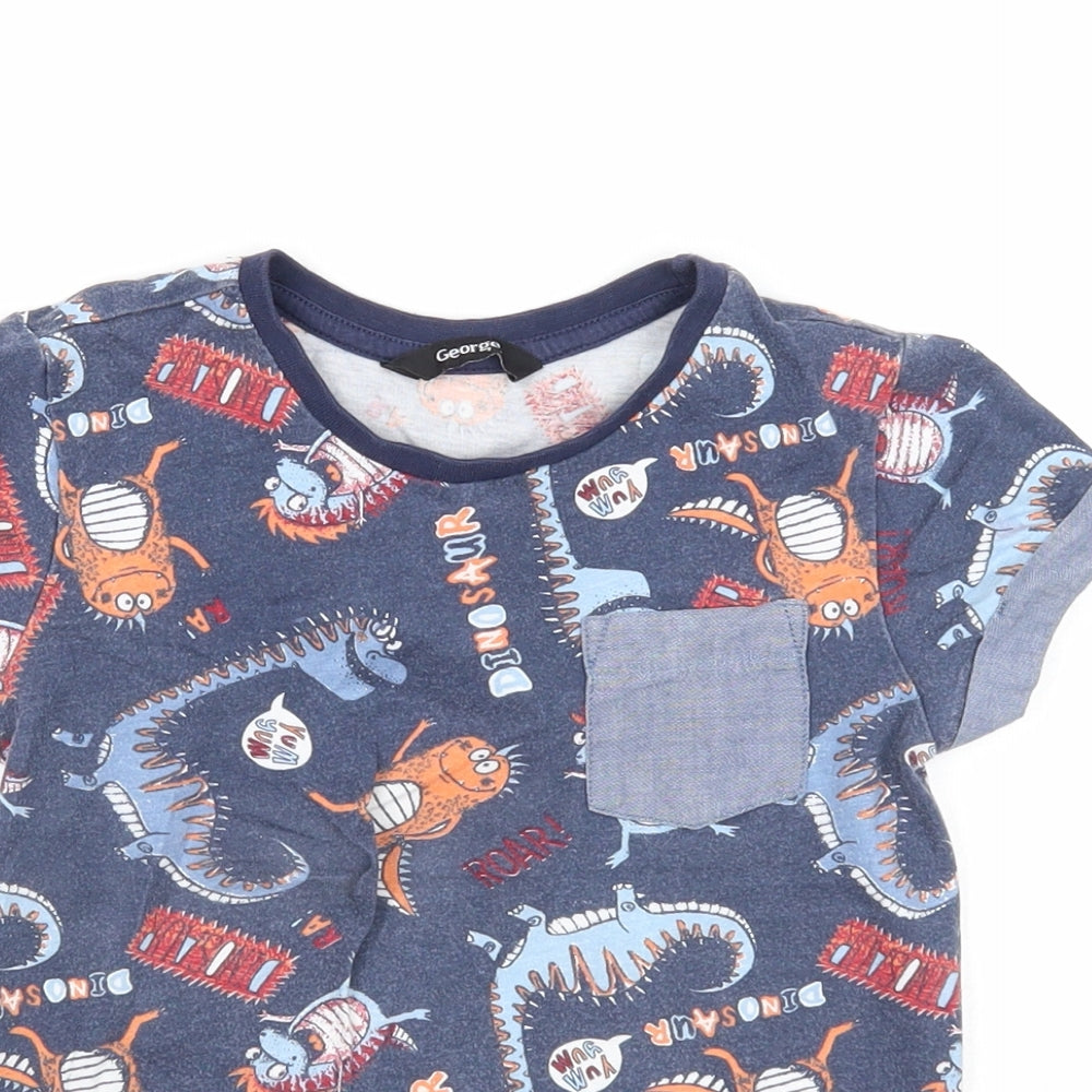 George Boys Blue Geometric Cotton Basic T-Shirt Size 3-4 Years Round Neck Pullover - Dinosaur Print