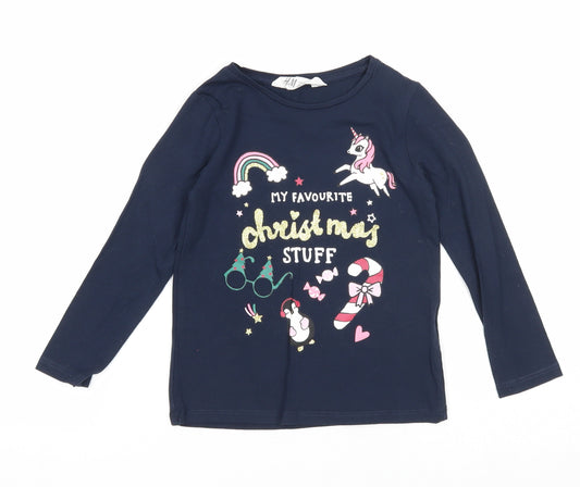 H&M Girls Blue Cotton Basic T-Shirt Size 3-4 Years Round Neck Pullover - Christmas Top