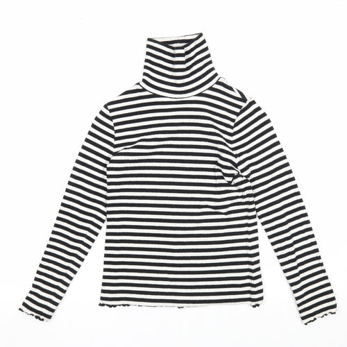 Marks and Spencer Girls Black Striped Cotton Basic T-Shirt Size 9-10 Years High Neck Pullover