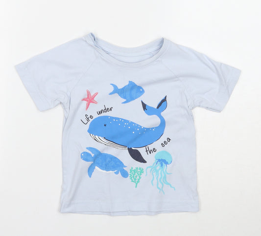 Preworn Boys Blue Cotton Basic T-Shirt Size 2-3 Years Round Neck Pullover - Life under the sea