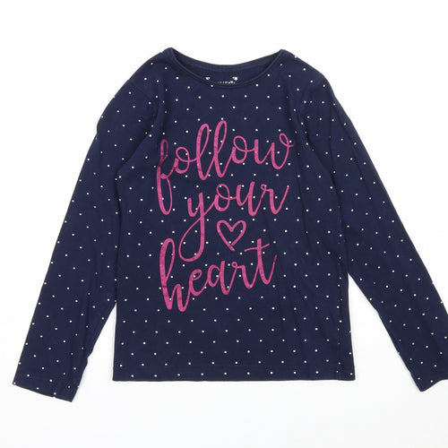 Primark Girls Blue Polka Dot Cotton Basic T-Shirt Size 9-10 Years Round Neck Pullover - Follow Your Heart