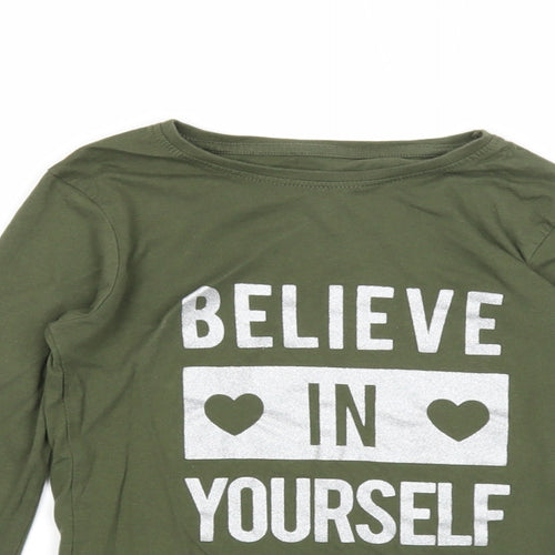 Primark Girls Green Cotton Basic T-Shirt Size 8-9 Years Round Neck Pullover - Believe In Yourself