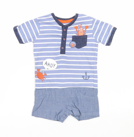George Boys Blue Striped Cotton Romper One-Piece Size 6-9 Months Snap - Crab