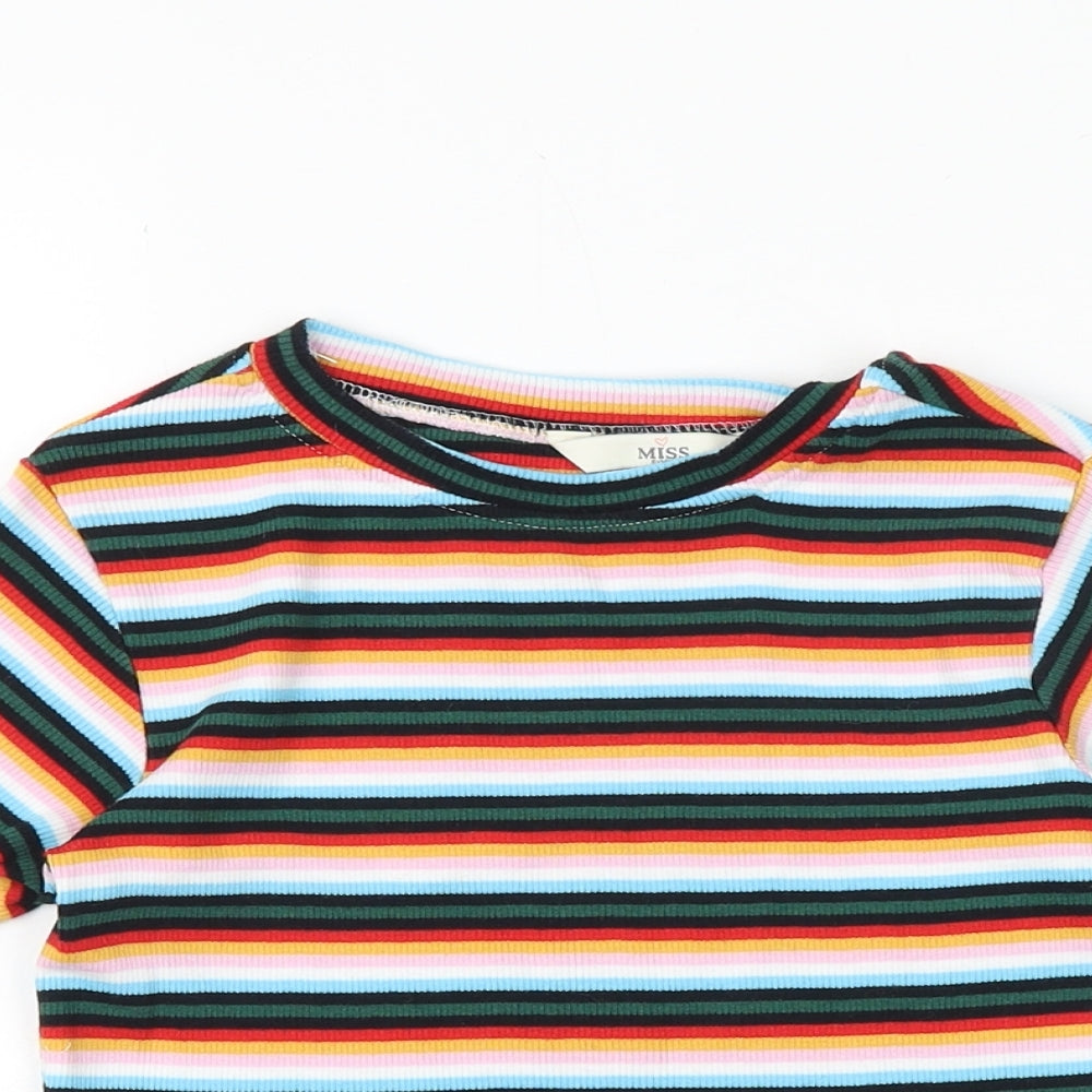 Miss e-vie Girls Multicoloured Striped Cotton Basic T-Shirt Size 9-10 Years Round Neck Pullover