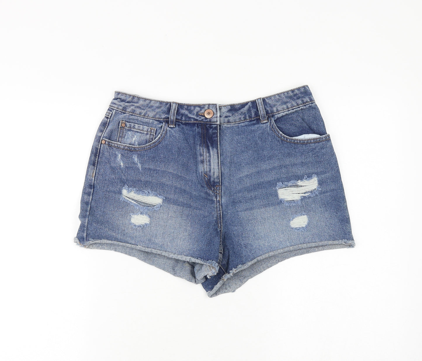 Matalan Womens Blue Cotton Cut-Off Shorts Size 10 Regular Zip - Distressed