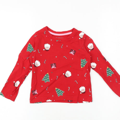 Primark Girls Red Geometric Cotton Basic T-Shirt Size 2-3 Years Round Neck Pullover - Christmas Pattern