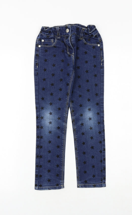 Denim & Co. Girls Blue Cotton Straight Jeans Size 4-5 Years Regular Zip - Star Pattern
