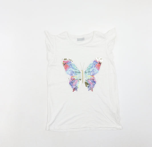 Matalan Girls White Cotton Basic T-Shirt Size 11 Years Round Neck Pullover - Butterfly