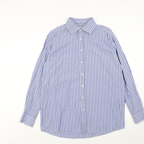 Salters Mens Blue Striped Cotton Button-Up Size L Collared Button