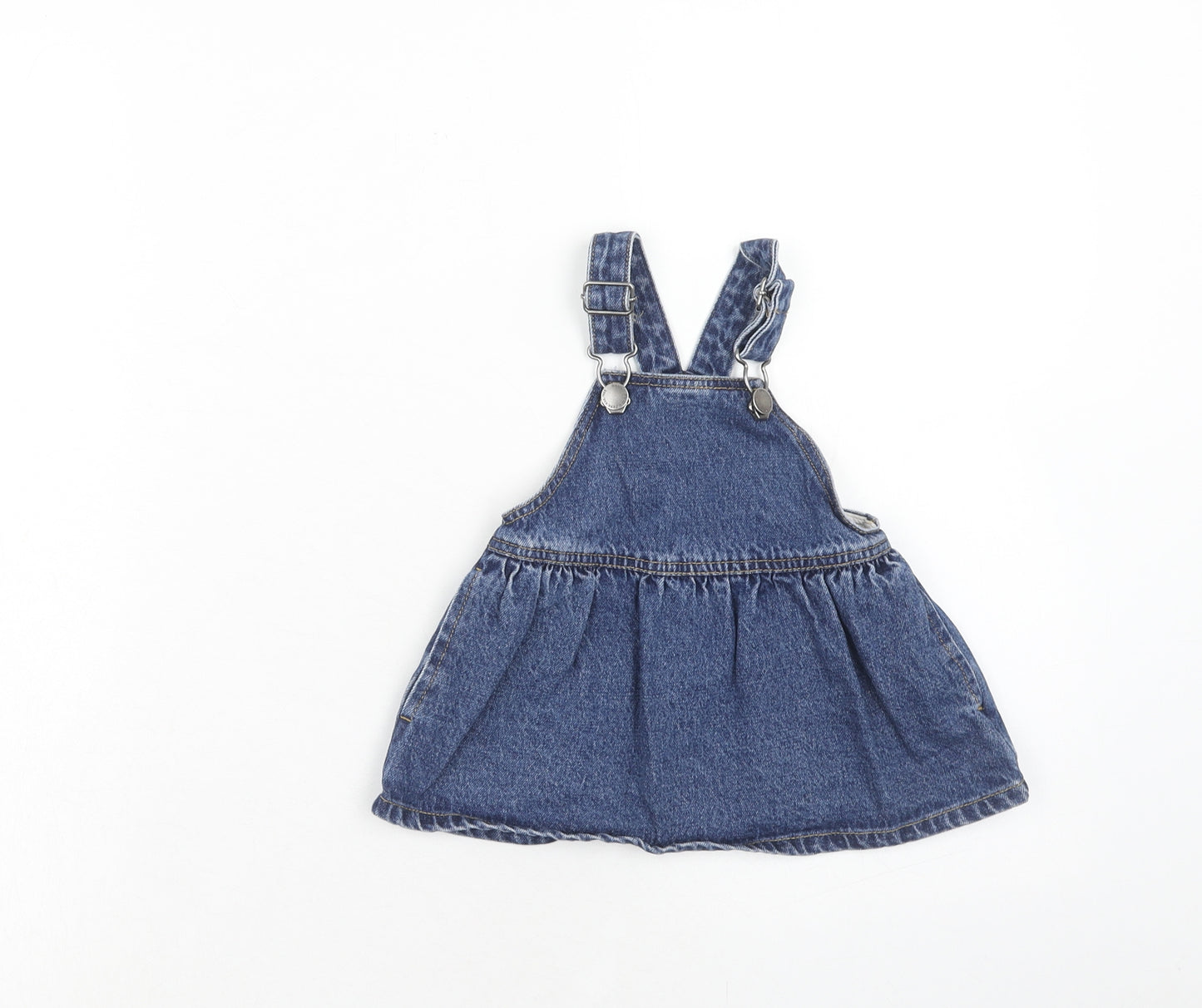 NEXT Girls Blue Cotton Pinafore/Dungaree Dress Size 3-6 Months Square Neck Button