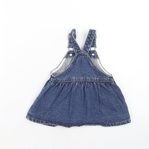 NEXT Girls Blue Cotton Pinafore/Dungaree Dress Size 3-6 Months Square Neck Button