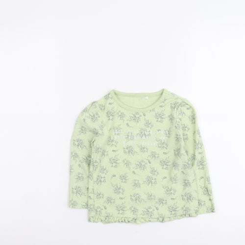 George Girls Green Floral Cotton Basic T-Shirt Size 3-4 Years Round Neck Pullover - Slogan