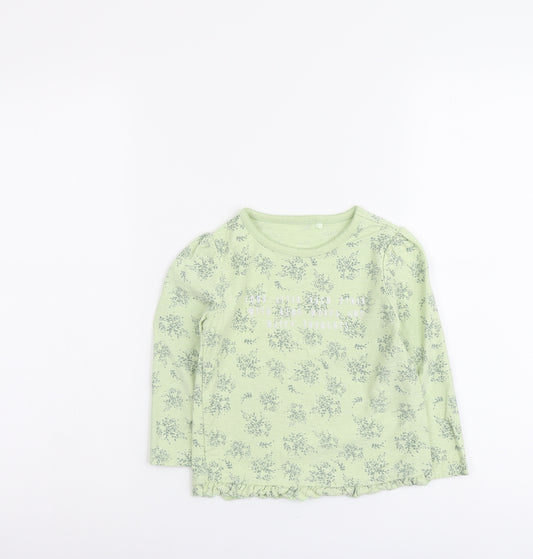 George Girls Green Floral Cotton Basic T-Shirt Size 3-4 Years Round Neck Pullover - Slogan