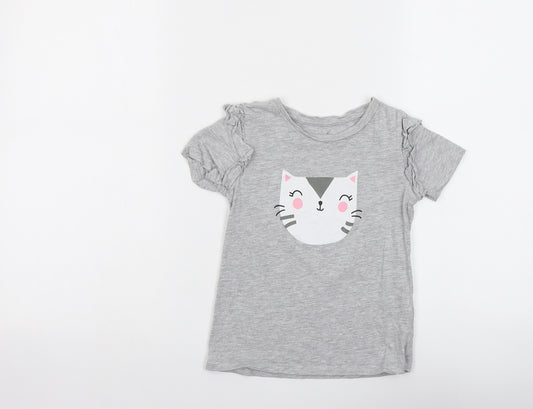 George Girls Grey Cotton Basic T-Shirt Size 4-5 Years Round Neck Pullover - Cat