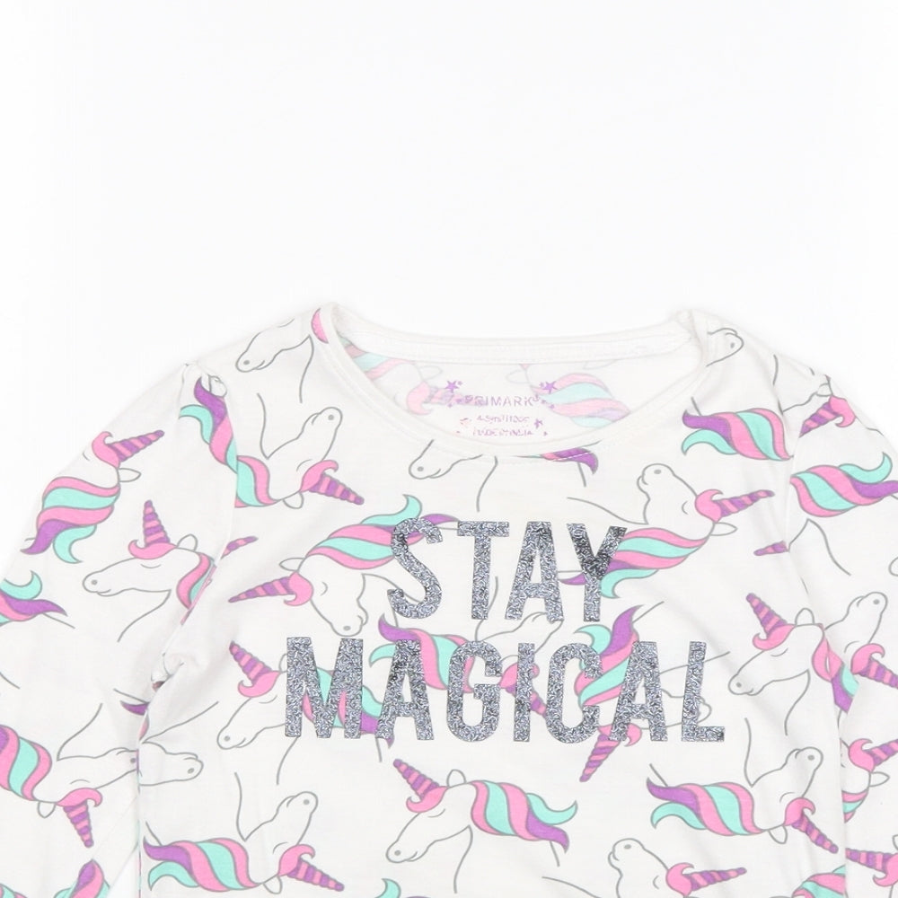 Primark Girls White Geometric 100% Cotton Basic T-Shirt Size 4-5 Years Round Neck Pullover - Stay Magical Unicorn