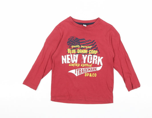 Preworn Boys Red 100% Cotton Basic T-Shirt Size 3-4 Years Round Neck Pullover - New York