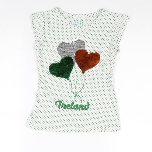 Preworn Girls White Geometric 100% Cotton Basic T-Shirt Size 5-6 Years Round Neck Pullover - Ireland Heart