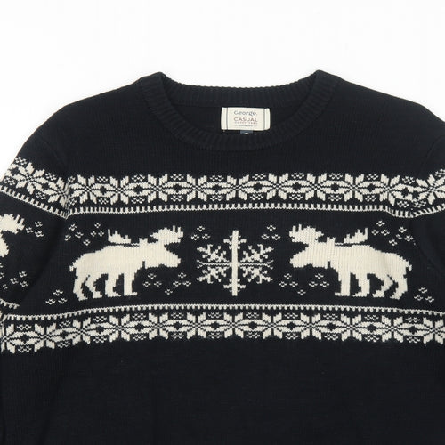 George Mens Black Round Neck Fair Isle Acrylic Pullover Jumper Size S Long Sleeve - Christmas