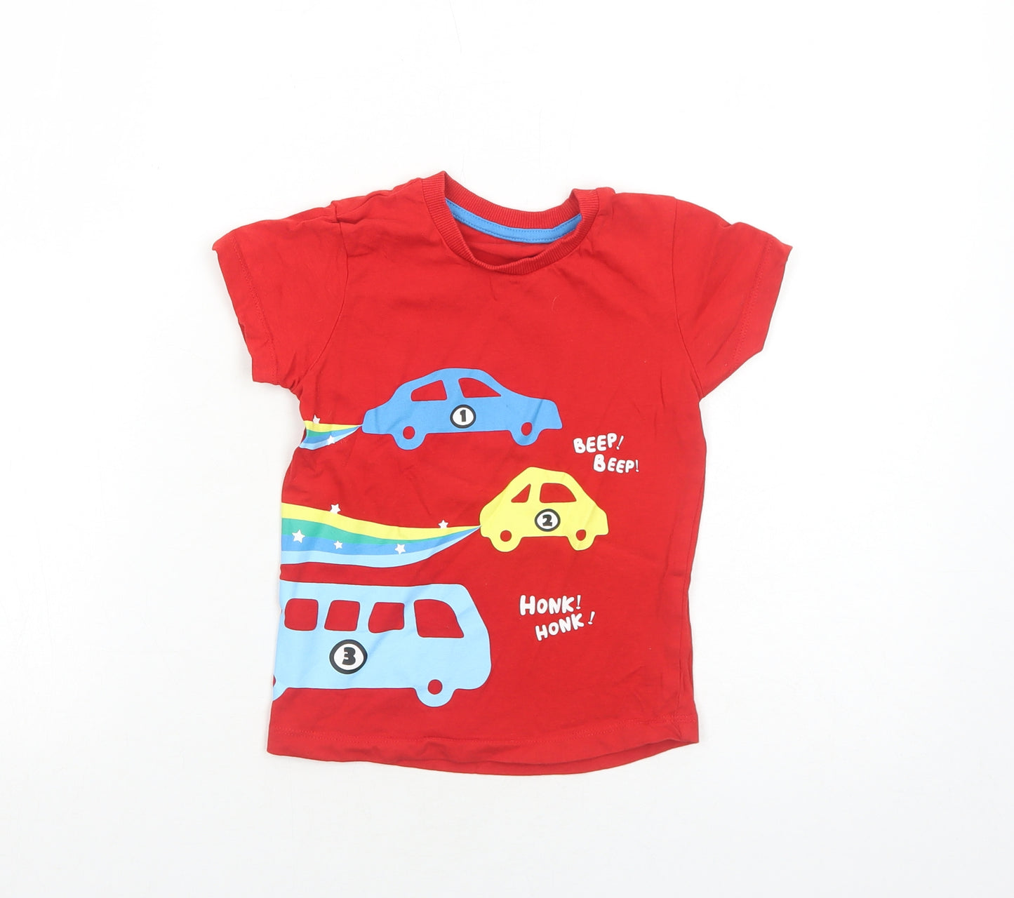 Matalan Boys Red Cotton Basic T-Shirt Size 3-4 Years Round Neck Pullover - Vehicles Print