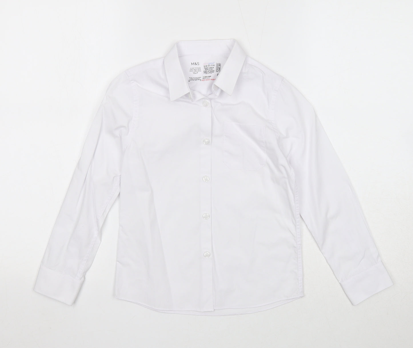 Marks and Spencer Boys White Cotton Basic Button-Up Size 7-8 Years Collared Button