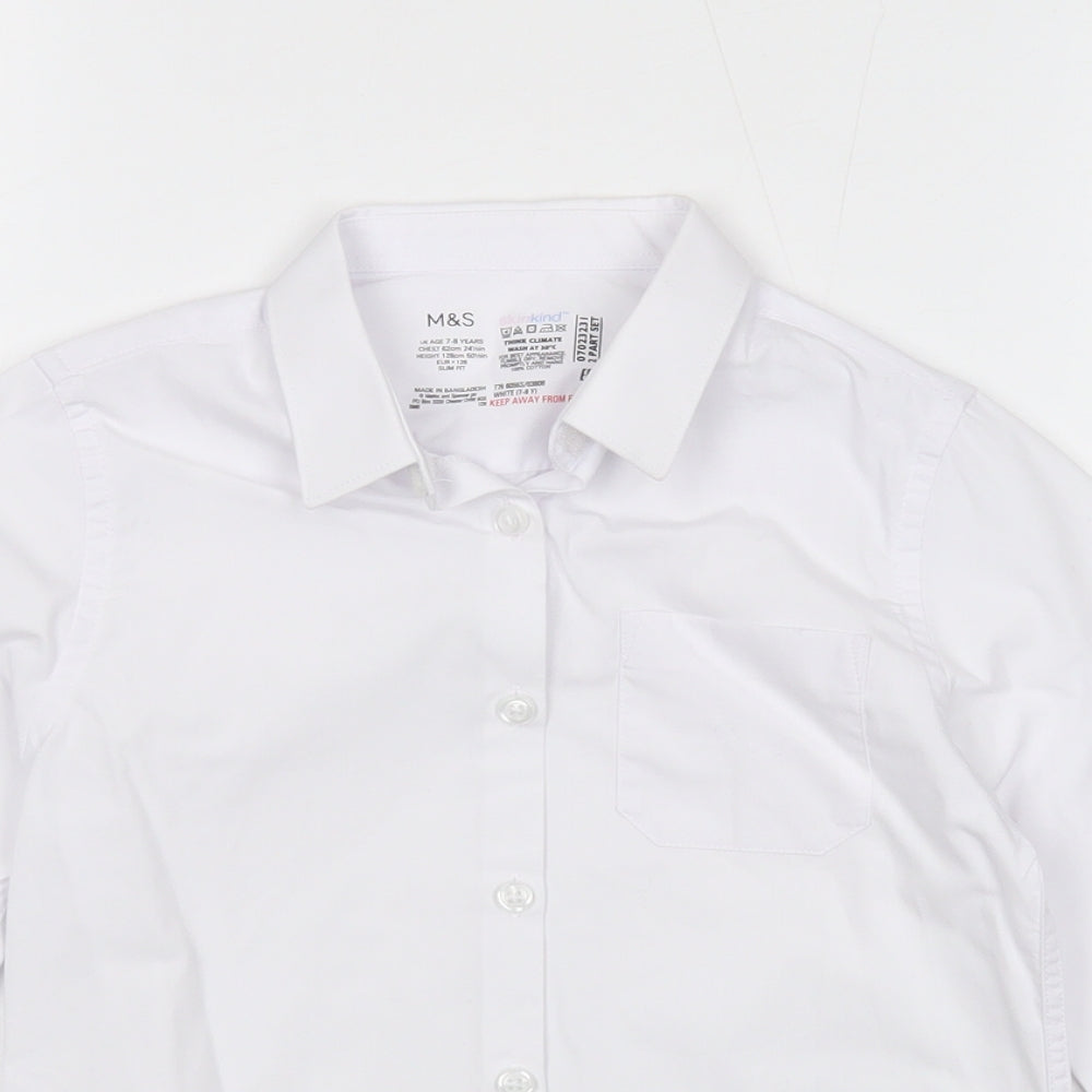 Marks and Spencer Boys White Cotton Basic Button-Up Size 7-8 Years Collared Button