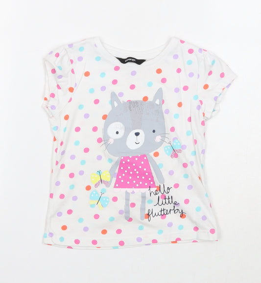 George Girls White Polka Dot Cotton Basic T-Shirt Size 2-3 Years Round Neck Pullover - Cat & Butterfly