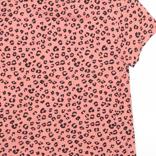 H&M Girls Pink Animal Print Cotton Basic T-Shirt Size 6-7 Years Round Neck Pullover - Size 6-8 Leopard Print